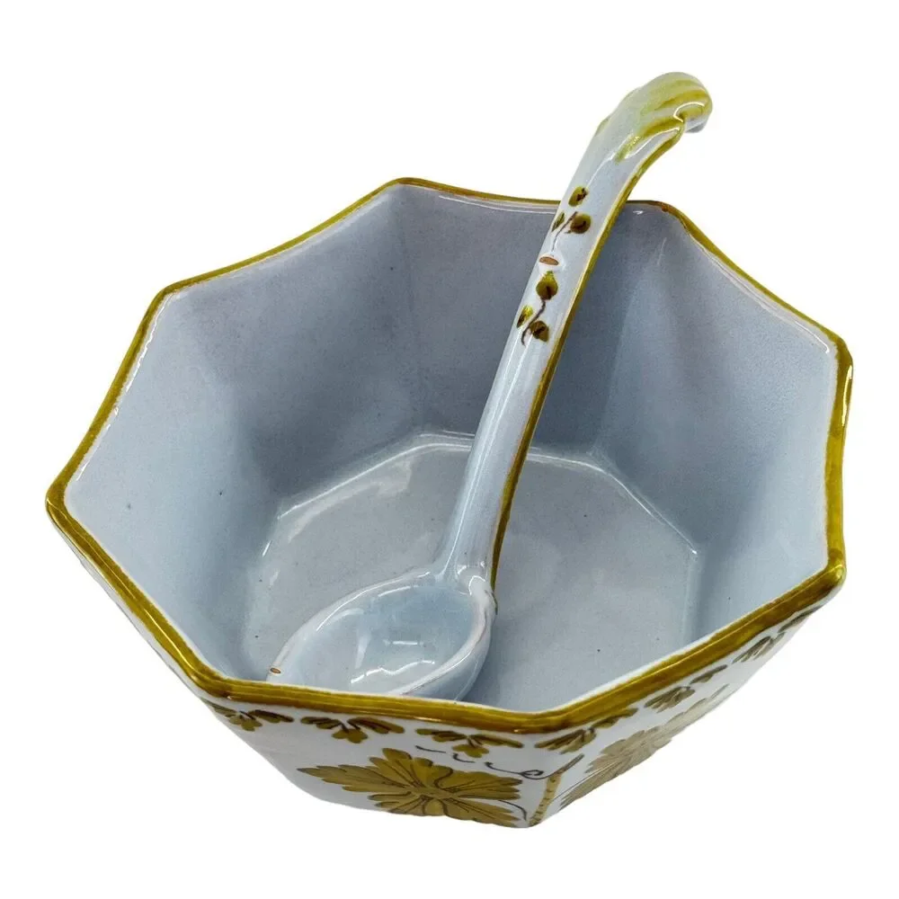 Vintage Mid Century Italian Octagon Soup Bowl Spoon Golden Leaves Made In Italy